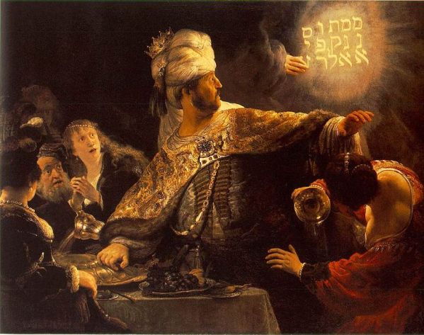 Rembrandt's depiction of the biblical account of Belshazzar seeing the writing on the wall-note the text is vertical rather than horizontal
